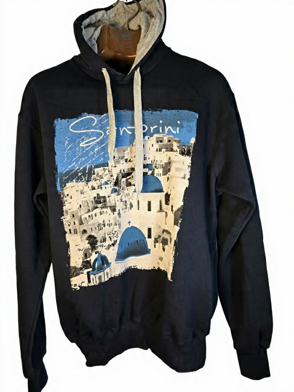Santorini Graphic Pullover‎ Hoodie - Black & Blue Travel Feastive Streetwear